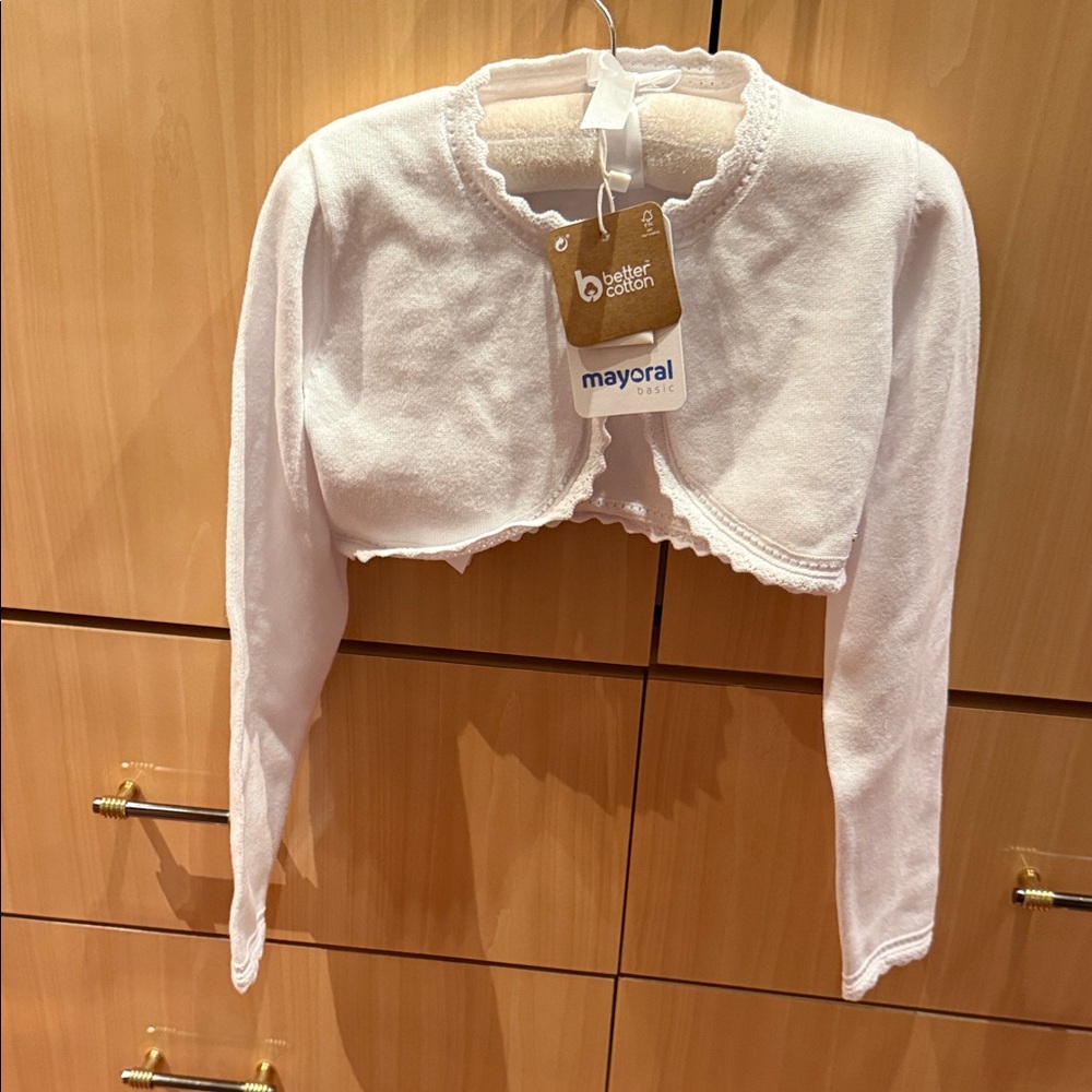 Mayoral White Cropped Bolero Shrug with Scalloped Edge
